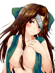 Rule 34 | 10s, 1girl, ar (lover boy), bare arms, blush, bow, breast curtains, breasts, brown eyes, brown hair, closed mouth, collarbone, embarrassed, forehead protector, green bow, hair bow, hair intakes, hair tubes, highres, jintsuu (kancolle), jintsuu kai ni (kancolle), kantai collection, large breasts, long hair, looking at viewer, matching hair/eyes, revealing clothes, sidelocks, solo, sweat, upper body