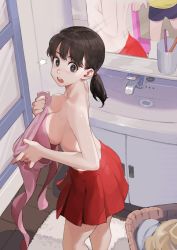Rule 34 | 1boy, 1girl, aged up, bare shoulders, bathroom, blush, breasts, butt crack, cleavage, collarbone, commentary request, covering privates, covering breasts, doraemon, eyelashes, faucet, hair tie, highres, holding, holding clothes, holding shirt, indoors, jun (navigavi), large breasts, long sleeves, looking at viewer, minamoto shizuka, miniskirt, mirror, nobi nobita, open mouth, pink shirt, pleated skirt, red skirt, shirt, unworn shirt, short hair, short twintails, sink, skirt, swept bangs, teeth, toothbrush, topless, twintails, upper teeth only