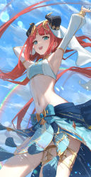 Rule 34 | 1girl, :d, absurdres, aqua eyes, armpits, arms up, blue skirt, blue sky, breasts, brooch, circlet, cloud, cowboy shot, detached sleeves, floating hair, genshin impact, happy, harem outfit, hidulume, highres, horns, jewelry, long hair, long sleeves, looking at viewer, navel, neck ring, nilou (genshin impact), open mouth, parted bangs, pelvic curtain, puffy long sleeves, puffy sleeves, rainbow, signature, skirt, sky, small breasts, smile, solo, stomach, thighlet, thighs, twintails, veil, very long hair, vision (genshin impact), wet, white sleeves