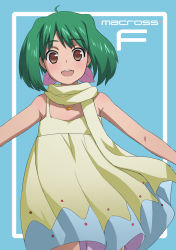 Rule 34 | 00s, 1girl, :d, ahoge, bare shoulders, blue background, blush, border, brown eyes, copyright name, dress, flat chest, green hair, hair ribbon, jewelry, looking at viewer, macross, macross frontier, necklace, open mouth, outstretched arms, pendant, pleated dress, ranka lee, ribbon, scarf, short hair, simple background, smile, solo, spread arms, standing, tokita arumi