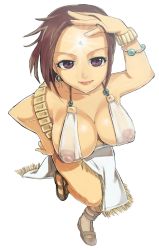 Rule 34 | 1girl, bad id, bad pixiv id, bracelet, breasts, brown eyes, brown hair, cleavage, covered erect nipples, dancer, earrings, facial mark, forehead, forehead mark, from above, huge nipples, jewelry, large breasts, lipstick, makeup, nipples, original, sasagawa satarou, see-through, smile, solo