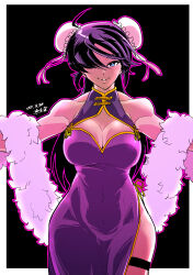 Rule 34 | 1girl, absurdres, alternate costume, artist name, black background, black eyes, black hair, blue eyes, breasts, bun cover, china dress, chinese clothes, cleavage, cleavage cutout, closed mouth, clothing cutout, commentary, covered navel, cowboy shot, dark-skinned female, dark skin, dated, double bun, dress, fur scarf, girls und panzer, hair bun, hair over one eye, half-closed eyes, halterneck, highres, large breasts, long hair, looking at viewer, ogin (girls und panzer), outline, outstretched arms, pink outline, ponytail, purple dress, shinkuukan (tetsuo3), side slit, signature, sleeveless, sleeveless dress, smile, solo, spread arms, standing, thigh strap