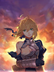 Rule 34 | 1girl, :d, ahoge, armor, armored dress, artoria pendragon (all), artoria pendragon (fate), backlighting, bare shoulders, blonde hair, blood, blue dress, blue ribbon, breastplate, breasts, broken armor, bruise, cleavage, cloud, dress, evening, fate (series), floating hair, gauntlets, gorget, green eyes, hair between eyes, hair ribbon, hand on own arm, injury, juliet sleeves, light rays, long sleeves, looking at viewer, open mouth, outdoors, puffy sleeves, revision, ribbon, saber (fate), short hair, small breasts, smile, sola7764, solo, sunbeam, sunlight, sunset, tearing up, torn clothes, torn dress, upper body, wind