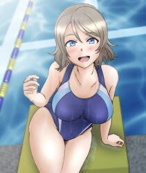 Rule 34 | 1girl, absurdres, ass, bare shoulders, blush, breasts, brown hair, highres, la2vai, large breasts, looking at viewer, love live!, love live! sunshine!!, one-piece swimsuit, pool, short hair, solo, swimsuit, thighs, watanabe you, water