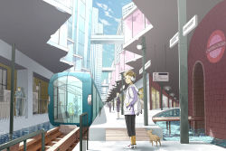 Rule 34 | 1girl, 6+boys, air conditioner, bad id, bad pixiv id, blonde hair, bridge, building, cable, cloud, day, dog, english text, frown, headphones, imoya (imoyat), lamppost, multiple boys, original, perspective, rail, railroad tracks, schenu, shadow, sky, train, water, wire