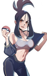 Rule 34 | 1girl, absurdres, black hair, blue hair, blush, breasts, cleavage, clothes lift, clothes pull, creatures (company), crop top, dendra (pokemon), fangs, game freak, highres, holding, holding poke ball, jacket, jacket lift, looking at viewer, medium breasts, multicolored hair, navel, nintendo, open clothes, open jacket, open mouth, poke ball, pokemon, pokemon sv, ponytail, sho-n-d, sidelocks, simple background, solo, stomach, teeth, tongue, two-tone hair, white background