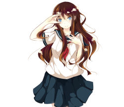 Rule 34 | 1girl, arm up, bbsucg, black skirt, blue eyes, blush, brown hair, closed mouth, collarbone, hand on own chest, highres, long hair, looking at viewer, neckerchief, original, red neckerchief, short sleeves, skirt, smile, solo
