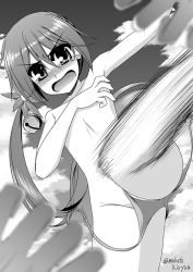 Rule 34 | 10s, 1girl, akebono (kancolle), bell, bikini, bikini bottom only, covering privates, covering breasts, embarrassed, flat chest, flower, greyscale, hair bell, hair flower, hair ornament, jingle bell, kantai collection, kiryuu makoto, monochrome, side ponytail, speed lines, swimsuit, tears, topless, wardrobe malfunction