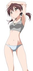 Rule 34 | 00s, 1girl, armpits, arms behind head, arms up, blush, bra, brown eyes, brown hair, cowboy shot, artistic error, gertrud barkhorn, grey bra, groin, highres, lingerie, navel, non-web source, panties, short hair, short twintails, solo, sports bra, stomach, stretching, strike witches, transparent background, twintails, underwear, underwear only, vector trace, world witches series, yellow eyes