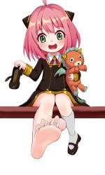 Rule 34 | 1girl, anya (spy x family), barefoot, blush, child, director chimera (spy x family), feet, foot focus, green eyes, highres, looking at viewer, medium hair, open mouth, pink hair, removing shoes, simple background, soles, solo, spy x family, stuffed animal, stuffed toy, toes, white background
