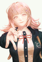 Rule 34 | 1girl, absurdres, backpack, bag, black jacket, breasts, collared shirt, commentary request, danganronpa (series), danganronpa 2: goodbye despair, dress shirt, eosatto (eo4tto), foreshortening, galaga, hair ornament, hand up, highres, jacket, large breasts, looking at viewer, medium hair, nanami chiaki, neck ribbon, open clothes, open jacket, pink eyes, red ribbon, ribbon, shirt, simple background, smile, solo, two-tone shirt