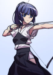 Rule 34 | 10s, 1girl, aoki reika, archery, arrow (projectile), black hair, bow (weapon), drawing bow, gloves, hakama, hakama skirt, hikage eiji, hip vent, holding, holding bow (weapon), holding weapon, japanese clothes, kyuudou, long hair, muneate, partially fingerless gloves, partly fingerless gloves, ponytail, precure, skirt, smile precure!, solo, weapon, yugake