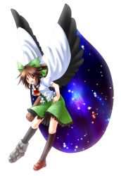 Rule 34 | 1girl, arm cannon, asymmetrical clothes, asymmetrical footwear, cape, female focus, hand on own hip, mismatched footwear, norun, red eyes, reiuji utsuho, solo, touhou, weapon, wings