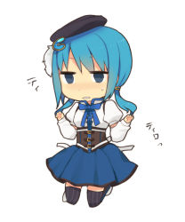 Rule 34 | 1girl, adapted costume, alternate hairstyle, beret, blue eyes, blue hair, chibi, cosplay, hair ornament, hairclip, hat, magical girl, mahou shoujo madoka magica, mahou shoujo madoka magica (anime), matching hair/eyes, miki sayaka, ribbon, short hair, short twintails, simple background, skirt, solo, soul gem, striped clothes, striped thighhighs, thighhighs, tomoe mami, tomoe mami (cosplay), tsuduya (knt31), twintails, vertical-striped clothes, vertical-striped thighhighs