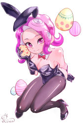 Rule 34 | 1girl, animal ears, bare shoulders, black footwear, black pantyhose, bow, breasts, brown hair, closed mouth, detached collar, easter, easter egg, egg, eyes visible through hair, fake animal ears, fake tail, food, full body, gloves, high heels, highres, holding, holding egg, holding food, kirin (koryuchikupa3), leotard, long hair, looking at viewer, medium breasts, nintendo, octoling, octoling girl, octoling player character, pantyhose, pink bow, pink eyes, pink hair, pink neckwear, playboy bunny, purple gloves, purple leotard, rabbit ears, rabbit tail, shoes, signature, simple background, smile, solo, splatoon (series), splatoon 2, strapless, strapless leotard, suction cups, tail, tentacle hair, white background