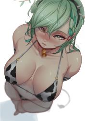 Rule 34 | 1girl, absurdres, animal print, antlers, bell, bikini, blush, braid, braided bangs, breasts, ceres fauna, cleavage, collar, collarbone, cow print, cow print bikini, cow tail, cowbell, elbow gloves, from above, gloves, green hair, hair ornament, highres, hololive, hololive english, horns, large breasts, long hair, looking at viewer, mole, mole under eye, multicolored hair, myth1carts, print bikini, single braid, solo, swimsuit, tail, virtual youtuber, yellow eyes