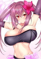 Rule 34 | 1girl, armpits, arms up, bare shoulders, blush, bouncing breasts, breasts, fate (series), hair intakes, hair ornament, head tilt, highres, large breasts, long hair, looking at viewer, purple hair, red eyes, sankakusui, scathach (fate), smile, solo, twintails, upper body