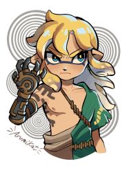 Rule 34 | 1boy, abstract background, angry, artist name, arumikat, blue eyes, bright pupils, closed mouth, clothes around waist, commentary, cropped legs, english commentary, floating hair, frown, green shirt, half-shirt, hand up, highres, inkling, link, long hair, looking to the side, male focus, mastectomy scar, nintendo, nipples, pointy ears, prosthesis, prosthetic arm, scar, scar on chest, shirt, short sleeves, shoulder tattoo, solo, splatoon (series), splatoonification, tattoo, tentacle hair, the legend of zelda, the legend of zelda: tears of the kingdom, upper body, v-shaped eyebrows, white background, yellow pupils
