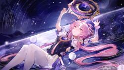 Rule 34 | 1girl, absurdres, arms up, brown eyes, closed mouth, commentary request, constellation print, detached sleeves, dutch angle, feet out of frame, forehead jewel, fu xuan (honkai: star rail), highres, honkai: star rail, honkai (series), long hair, low twintails, lying, mountainous horizon, night, nuez, on back, pantyhose, parted bangs, partially submerged, pink hair, skirt, solo, tassel, twintails, water, white pantyhose, white skirt