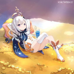 Rule 34 | 1girl, arms behind head, arms up, boots, closed mouth, coin, commentary request, crazy straw, crossed legs, cup, disposable cup, dress, drinking straw, genshin impact, gold, hair between eyes, halo, highres, liclac, long hair, looking at viewer, lying, mora (genshin impact), on back, paimon (genshin impact), purple eyes, silver hair, single thighhigh, smile, solo, thighhighs, thighhighs under boots, v-shaped eyebrows, watermark, web address, white dress, white footwear, white thighhighs