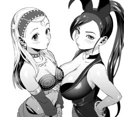 Rule 34 | 2girls, animal ears, arabian clothes, bad id, bad twitter id, blush, breasts, choker, cleavage, collarbone, dragon quest, dragon quest xi, eyelashes, fake animal ears, greyscale, hairband, hand on own hip, large breasts, leotard, long hair, martina (dq11), medium breasts, monochrome, multiple girls, ouse (otussger), playboy bunny, ponytail, rabbit ears, senya (dq11), simple background, square enix, white background