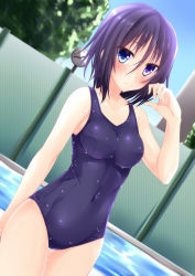 Rule 34 | 1girl, bare arms, bare shoulders, black hair, blush, breasts, clock, collarbone, competition swimsuit, covered navel, cowboy shot, day, dutch angle, hair between eyes, heterochromia, highres, looking at viewer, medium breasts, new school swimsuit, nishi minami, one-piece swimsuit, original, outdoors, school swimsuit, short hair, solo, suterii, swimsuit, wet, wet clothes, wet hair, wet swimsuit