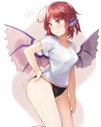 Rule 34 | 1girl, ahoge, alternate costume, bad id, bad pixiv id, bare legs, black panties, blush, breasts, collarbone, commentary request, cowboy shot, earrings, feathered wings, grey background, hand on own hip, head tilt, head wings, jewelry, medium breasts, midriff peek, mystia lorelei, no headwear, no pants, panties, pink eyes, pink hair, pink wings, shirt, short hair, solo, squiggle, suminagashi, sweat, thighs, touhou, two-tone background, underwear, v-shaped eyebrows, white background, white shirt, wings
