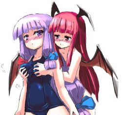 Rule 34 | 2girls, artist request, bare shoulders, blush, grabbing another&#039;s breast, breasts, clothed female nude female, demon girl, demon wings, female focus, from behind, grabbing, head wings, hime cut, koakuma, long hair, looking at another, looking back, medium breasts, multiple girls, naughty face, nude, oekaki, one-piece swimsuit, patchouli knowledge, purple eyes, purple hair, red eyes, red hair, school swimsuit, shy, smile, swimsuit, embodiment of scarlet devil, touhou, very long hair, wings, yuri