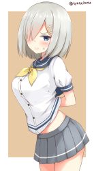 Rule 34 | 10s, 1girl, arm behind back, blue eyes, blush, breasts, brown background, chaa (korone-ze), closed mouth, embarrassed, from side, grey skirt, hair ornament, hair over one eye, hairclip, hamakaze (kancolle), highres, kantai collection, large breasts, looking at viewer, midriff, no legwear, outside border, pleated skirt, school uniform, serafuku, short hair, silver hair, skirt, solo, standing, striped clothes, striped skirt, sweatdrop, twitter username
