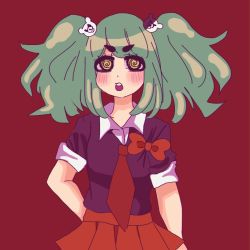 Rule 34 | 1girl, @ @, bear hair ornament, blush, bow, bowtie, collared shirt, danganronpa (series), danganronpa 3 (anime), danganronpa another episode: ultra despair girls, eyebrows, eyelashes, green hair, hair ornament, highres, long hair, looking at viewer, necktie, open mouth, pleated skirt, red background, red bow, red necktie, red skirt, shirt, simple background, skirt, sleeves rolled up, standing, teeth, tenhimi, tongue, towa monaca, twintails, upper body, upper teeth only