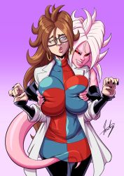 Rule 34 | 2girls, android 21, black gloves, blue eyes, blush, grabbing another&#039;s breast, breasts, brown hair, clothes, colored skin, dragon ball, dragon ball fighterz, ear piercing, elbow gloves, fingerless gloves, fontez, glasses, gloves, grabbing, grabbing from behind, highres, huge breasts, long hair, looking at viewer, majin android 21, multiple girls, piercing, pink hair, pink skin, selfcest, yuri