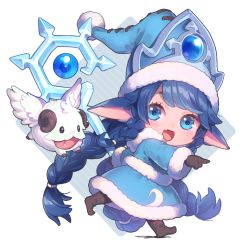 Rule 34 | 1girl, :d, animal ears, blue coat, blue eyes, blue hair, blue hat, blush, boots, braid, brown footwear, brown gloves, coat, fang, full body, fur-trimmed coat, fur-trimmed headwear, fur trim, gem, gloves, hat, holding, holding staff, horns, league of legends, long hair, long sleeves, looking at viewer, low twintails, lulu (league of legends), multiple braids, open mouth, poro (league of legends), running, side braid, sidelocks, smile, solo, staff, twintails, uso (ameuzaki), very long hair, wide sleeves, wings, winter wonder lulu
