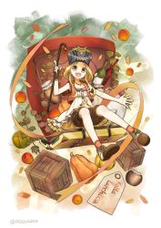 Rule 34 | 1girl, :d, absurdres, apple, asayama, atelier (series), atelier escha &amp; logy, bad id, bad pixiv id, blonde hair, bottle, brown eyes, brown footwear, brown gloves, brown shorts, cane, character name, commentary request, crate, fingerless gloves, flower, food, fruit, gloves, hat, head tilt, highres, holding, holding cane, jar, katla larchica, looking at viewer, open mouth, orange socks, pumpkin, sack, short hair with long locks, shorts, single glove, sitting, smile, socks, solo, squash, striped clothes, striped socks, suitcase, twitter username, wine bottle