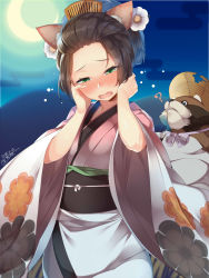 Rule 34 | 1girl, ?, animal ears, bangs pinned back, blush, brown hair, cat ears, cloud, comb, commentary request, crescent moon, dated, egasumi, floral print, flower, forehead, gradient clothes, gradient kimono, green eyes, hair flower, hair ornament, half-closed eyes, hat, head tilt, highres, japanese clothes, kimono, kokka han, long sleeves, moon, night, night sky, nose blush, obi, oboro muramasa, okoi (oboro muramasa), open mouth, outdoors, pink kimono, print kimono, sash, signature, sky, solo, straw hat, sweat, tanuki, torn clothes, torn hat, wavy mouth, white flower, white kimono, wide sleeves