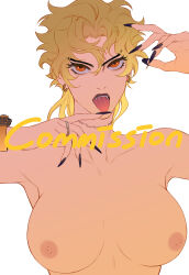 Rule 34 | 1girl, :p, absurdres, armpits, black nails, blonde hair, breasts, commission, dio brando, earrings, fangs, fingernails, genderswap, genderswap (mtf), highres, huang lia, jewelry, jojo no kimyou na bouken, large breasts, long hair, nipples, nude, open mouth, orange eyes, photo-referenced, scar, scar on neck, sharp fingernails, simple background, solo, stardust crusaders, tongue, tongue out, upper body, vampire, white background