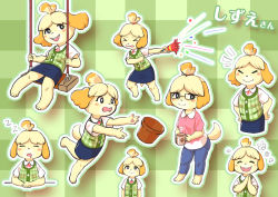 Rule 34 | &gt; &lt;, 1girl, absurdres, animal crossing, animal ears, animal hands, arms up, barefoot, bell, black-framed eyewear, blonde hair, blue pants, blue skirt, blush, blush stickers, buck teeth, character cutout, character name, checkered background, closed eyes, closed mouth, coffee, cup, dog ears, dog girl, dog tail, drink, drooling, female focus, flat chest, flower, full body, furry, furry female, glasses, green background, green outline, green vest, hair bell, hair ornament, hair tie, hands on own hips, hands together, hands up, happy, hashiba (848siba), highres, holding, isabelle (animal crossing), japanese text, jingle bell, leg up, looking to the side, looking up, miniskirt, mug, multiple views, neck ribbon, nintendo, nose blush, notice lines, open mouth, outline, outstretched arm, outstretched arms, pants, party popper, paw print, pencil skirt, pink shirt, plaid, plaid vest, pot, red ribbon, ribbon, shirt, short hair, short sleeves, simple background, sitting, skirt, sleeping, smile, spread legs, standing, standing on one leg, steam, super smash bros., swing, tail, teeth, topknot, translation request, upper body, vest, white outline, white shirt, zzz