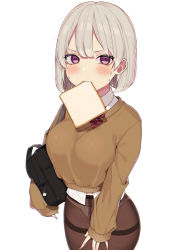 Rule 34 | 1girl, absurdres, bag, bob cut, bow, bowtie, bread, bread slice, breasts, brown pantyhose, brown sweater, collared shirt, covering crotch, covering privates, crotch seam, deha rou, dress shirt, embarrassed, food, food in mouth, frown, grey hair, hair between eyes, highres, holding, large breasts, long sleeves, looking at viewer, mouth hold, no pants, original, panties, panties under pantyhose, pantyhose, purple eyes, red bow, school bag, school uniform, shirt, short hair, sleeves past wrists, solo, striped, striped bow, sweatdrop, sweater, tears, thighband pantyhose, toast, toast in mouth, underwear, white panties, white shirt