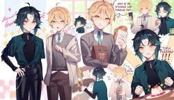 Rule 34 | !, !!, 2boys, = =, aether (genshin impact), ahoge, belt, black pants, black shirt, blonde hair, brown pants, bubble tea, burger, closed mouth, drinking, eating, closed eyes, food, genshin impact, green hair, green jacket, grey vest, highres, jacket, jewelry, kadrena, male focus, multicolored hair, multiple boys, open mouth, pants, pudding, shirt, short hair, smile, stuffed animal, stuffed toy, vest, xiao (genshin impact), yellow eyes