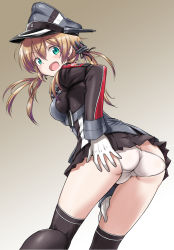 Rule 34 | 10s, 1girl, anchor hair ornament, ass, black thighhighs, blonde hair, blue eyes, breasts, butt crack, cross, gloves, green eyes, hair ornament, hat, iron cross, jacket, kantai collection, long sleeves, masamurai, microskirt, military, military uniform, panties, peaked cap, prinz eugen (kancolle), skirt, solo, thighhighs, twintails, underwear, uniform, white gloves, white panties