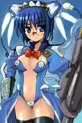 Rule 34 | 1girl, 2k-tan, black thighhighs, blue eyes, blue hair, bob cut, bow, bowtie, breasts, cable, center opening, cleavage, dress, glasses, hairband, keyboard (computer), looking at viewer, maid, maid headdress, matching hair/eyes, mecha musume, medium breasts, midriff, mouse (computer), navel, no bra, oekaki, os-tan, r-type nirvana, revealing clothes, short hair, sideboob, smile, solo, souryuu (double dragon), standing, thighhighs, usb