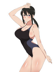 Rule 34 | 1girl, black eyes, black hair, black one-piece swimsuit, breasts, competition swimsuit, cowboy shot, highres, kagemusha, large breasts, long hair, low ponytail, one-piece swimsuit, original, ponytail, simple background, smile, solo, standing, swimsuit, white background