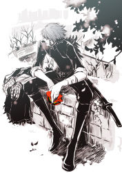 Rule 34 | 1boy, bad id, bad pixiv id, full body, gin (oyoyo), gloves, grey hair, male focus, monochrome, nature, outdoors, pixiv fantasia, plant, solo, spot color, sword, weapon