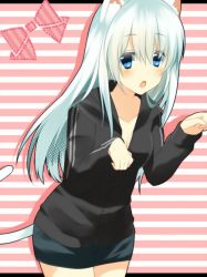 Rule 34 | 1girl, animal ears, bad id, bad pixiv id, blue eyes, cat ears, cat tail, fujishiro emyu, jacket, letterboxed, long hair, original, paw pose, silver hair, skirt, solo, striped, striped background, tail, track jacket