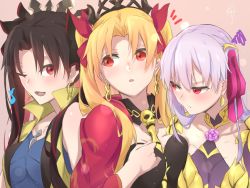 Rule 34 | 3girls, armor, artist request, bad id, bad pixiv id, between breasts, bikini armor, black hair, blonde hair, blue shirt, blush, breasts, cape, cleavage, collarbone, detached collar, earrings, ereshkigal (fate), fate/grand order, fate (series), flower, girl sandwich, gold trim, hair ribbon, hoop earrings, infinity symbol, ishtar (fate), jewelry, kama (fate), kama (second ascension) (fate), large breasts, long hair, lotus, medium breasts, multicolored hair, multiple girls, musical note, necklace, open mouth, parted bangs, pink ribbon, red cape, red eyes, red hair, ribbon, sandwiched, shirt, silver hair, skull, smile, space ishtar (fate), space ishtar (second ascension) (fate), spine, squiggle, tiara, two-tone hair, two side up, vest, yellow vest