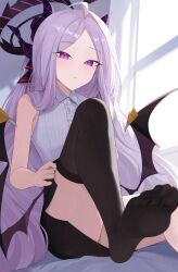 Rule 34 | 1girl, absurdres, ahoge, black halo, black pantyhose, black skirt, black thighhighs, blue archive, demon horns, demon wings, flat chest, halo, highres, hina (blue archive), horns, long hair, low wings, pantyhose, parted lips, purple eyes, purple hair, shirt, sitting, skirt, sleeveless, sleeveless shirt, slit pupils, solo, thighhighs, thighs, very long hair, weimiaw, white shirt, window, wings