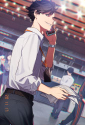 Rule 34 | 1boy, belt, black eyes, black hair, black pants, collared shirt, cowboy shot, dated, dress shirt, formal, grin, haikyuu!!, hand up, highres, holding, holding paper, holding phone, id card, indoors, kuroo tetsurou, lanyard, looking at viewer, male focus, multiple boys, pants, paper, papers, phone, profile, shirt, short hair, sleeves rolled up, smile, solo focus, track suit, vgmt, watch, white shirt, wristwatch