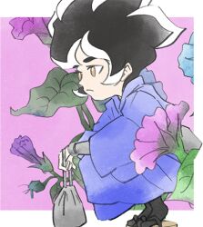 Rule 34 | 1boy, bag, black hair, flower, from side, holding, holding bag, leaf, multicolored hair, nintendo, official art, purple background, serious, squatting, takeuchi kou, third-party source, two-tone hair, warioware, warioware: get it together!, young cricket