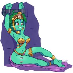 Rule 34 | 1girl, armband, bikini, breasts, choker, cleavage, colored skin, earrings, forehead jewel, gold bikini, green hair, green skin, harem outfit, headdress, heart, highres, jamoart, jewelry, navel, pelvic curtain, prisoner, red eyes, rottytops, shantae (series), shantae and the pirate&#039;s curse, short hair, standing, stitches, swimsuit, thigh strap, third-party edit, undead, zombie