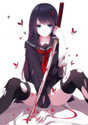 Rule 34 | 1girl, black hair, black serafuku, blood, bloody weapon, blue eyes, bug, butterfly, caidychen, hair ornament, hairclip, highres, insect, katana, long hair, looking at viewer, original, revision, school uniform, serafuku, sitting, solo, spread legs, sword, thighhighs, torn clothes, torn thighhighs, weapon