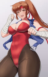 Rule 34 | 1girl, breakers, breasts, brown eyes, brown hair, cleavage, clenched hands, fighting stance, heaband, highres, jacket, large breasts, legs, leotard, looking at viewer, open clothes, open jacket, open mouth, pantyhose, ponytail, smile, solo, thick thighs, thighs, tia langray, wide hips
